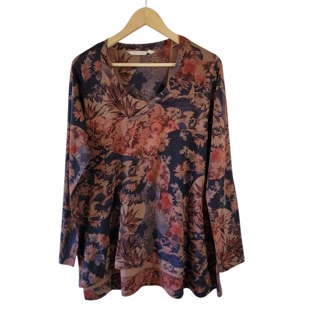 Soft Surroundings Navy Brown Floral Long Sleeve Jersey Knit Top Sz L Cottagecore
